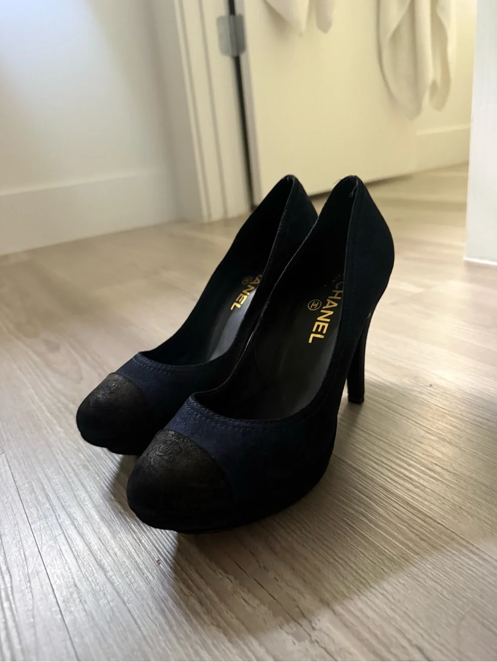 CHANEL Navy Suede Pumps with Black Cap Toe